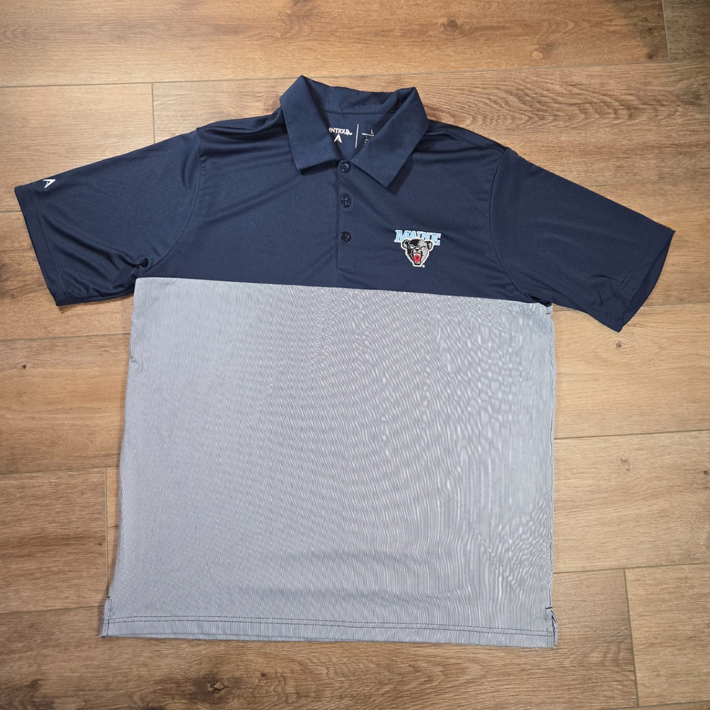 Antigua Maine Bears Polo Shirt Mens L Blue Stripe NCAA Golf Preppy Campus